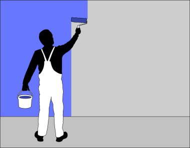 Duvarı boya rulosuyla boyayan adam.