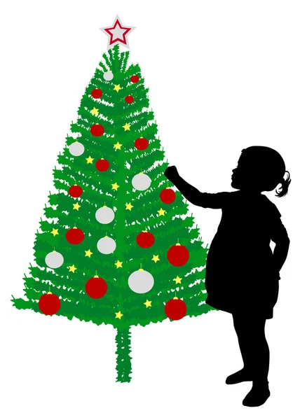 Kleinkind schmückt Weihnachtsbaum — Stockvektor