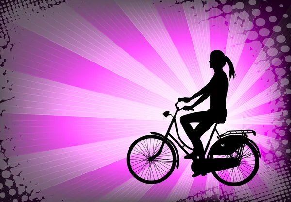 추상적인 보라색 배경에 여성 자전거 — 스톡 벡터