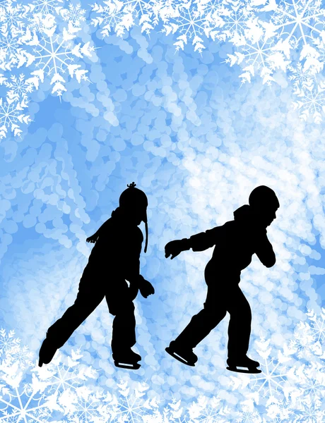 Kids ice skating silhouettes on the abstract background — Stock Vector