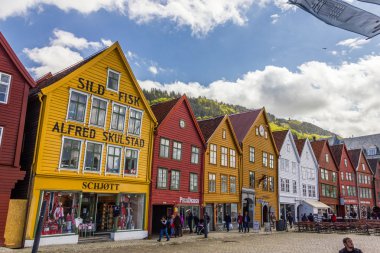 Bergen, Norveç'te Bryggen tarihi buidings güzel görünümü