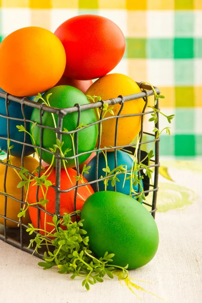 Beautiful decorative easter eggs in metal can — Stock Photo, Image