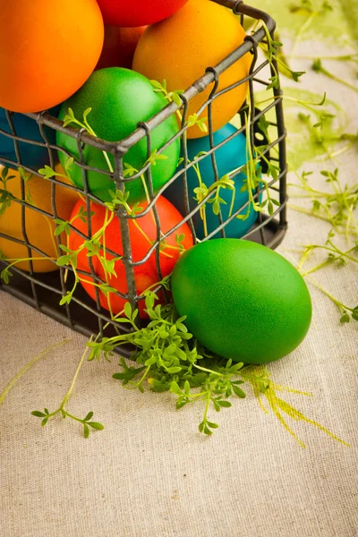 Beautiful decorative easter eggs in metal can — Stock Photo, Image