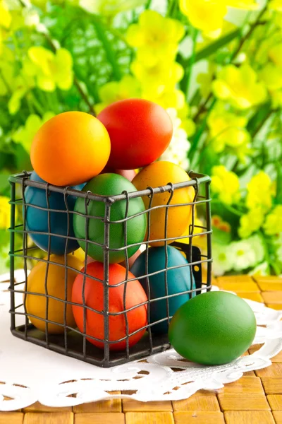 Beautiful decorative easter eggs in metal can — Stock Photo, Image