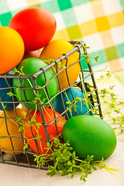 Beautiful decorative easter eggs in metal can — Stock Photo, Image