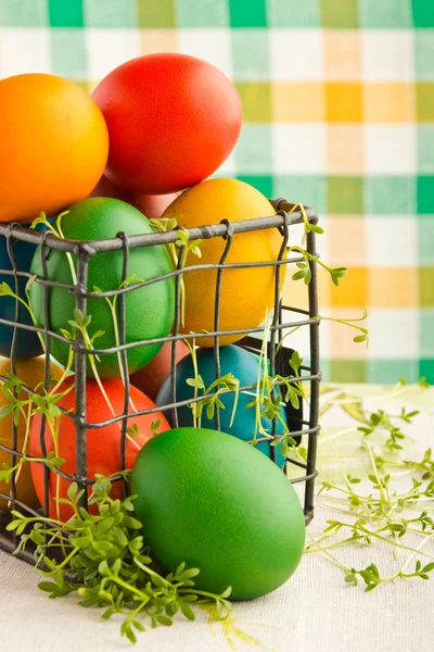 Beautiful decorative easter eggs in metal can — Stock Photo, Image