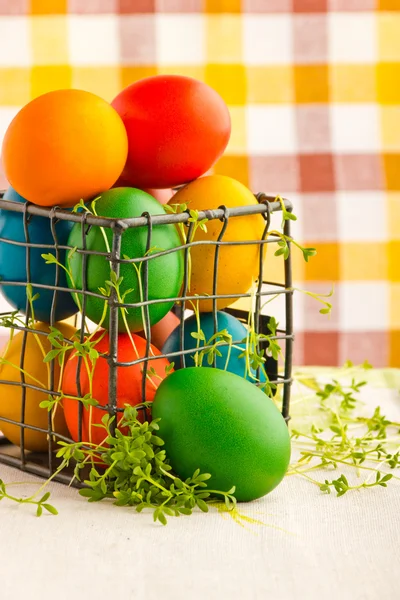 Beautiful decorative easter eggs in metal can — Stock Photo, Image