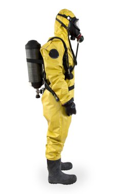 worker in a protective suit and breathing apparatus isolated clipart