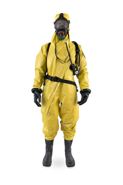 worker in a protective suit and breathing apparatus isolated