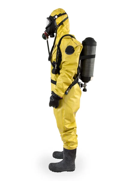 Trabajador con traje protector y aparato respiratorio aislado Fotos de stock libres de derechos