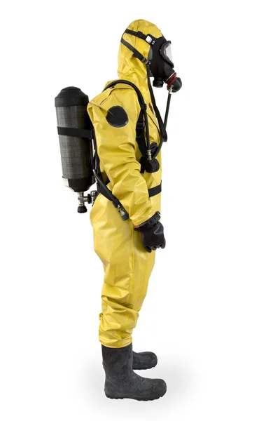 Trabajador con traje protector y aparato respiratorio aislado Fotos de stock
