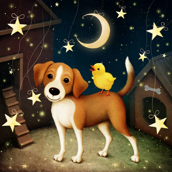 Festive greeting vintage card with Christmas with dog and chick for the Christmas holiday. Computer graphics. — Stock Image Festive Greeting Vintage Card Christmas Dog Chick Christmas Holiday Computer Royalty Free Stock Photos