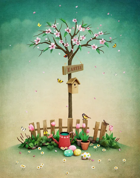 Spring lawn with fence and tree — Stock Image Spring lawn with fence and tree Royalty Free Stock Images