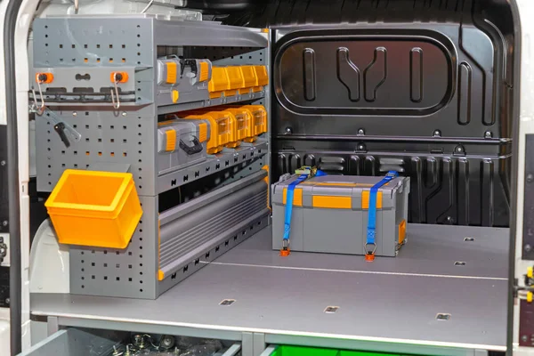 Transport Box Load Secured Ratchet Straps Mobile Workshop Van — Zdjęcie stockowe