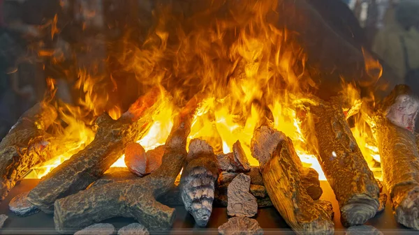 Fire Smoke Effects Artificial Wood Logs Fireplace — Stock Photo, Image