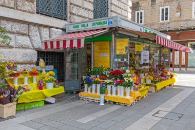 Trieste, İtalya - 7 Mart 2020 Trieste, İtalya 'da Çiçekçi Dükkanı Büfesi.