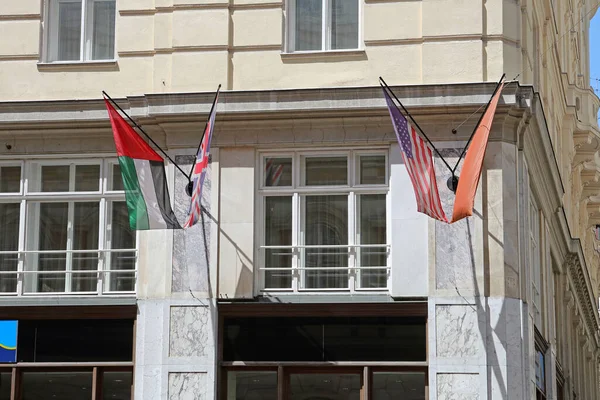 United States Union Jack Emirates Flags Together Building — Stock Photo, Image