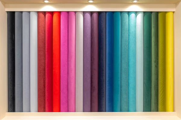 Colourful Swatch Textile Material Rolls Wall — Stock Photo, Image