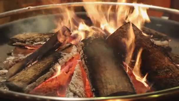 Tábori Tűz Rönkökkel Firepitben Közelkép — Stock videók
