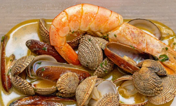 Cooked Seafood Stew Shrimp Mussel Shells Meal — Stock Photo, Image