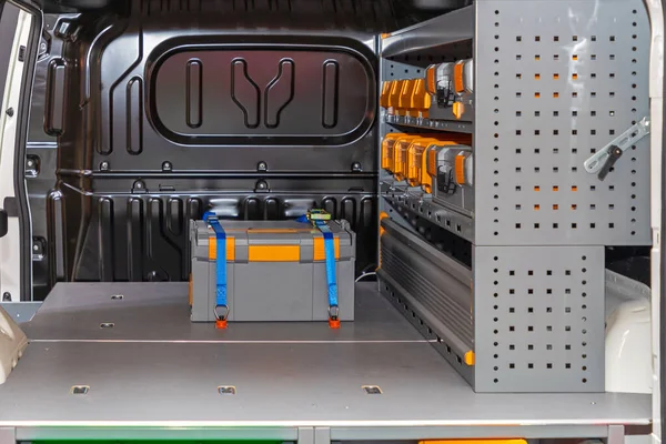 Transport Box Load Beveiligd Met Ratelriemen Mobiele Werkplaats Van — Stockfoto