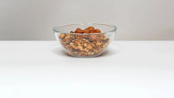 Muesli Aux Noix Dans Bol Verre Mélange Sain — Photo