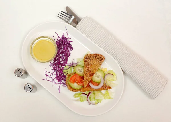 Chicken Wedge Com Legumes Café Manhã Servido Oval Plate Top — Fotografia de Stock