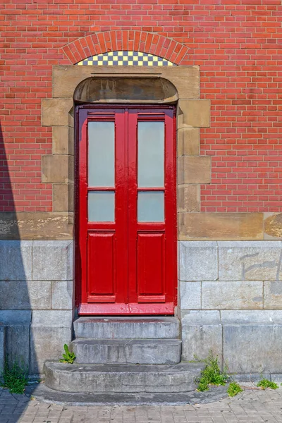 Puerta Roja Edificio Ladrillo Amsterdam Países Bajos —  Fotos de Stock