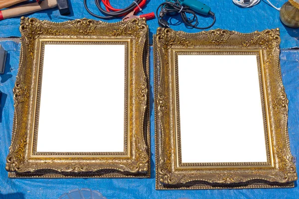 Two Empty Gold Picture Frames Tarp Flea Market — Stock Photo, Image