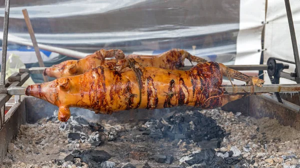 Roasting Pigs Charcoal Rotisserie Spit — Stock Photo, Image