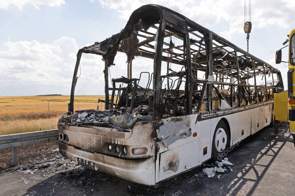 Burned Coach Bus Highway Recovery Assistance