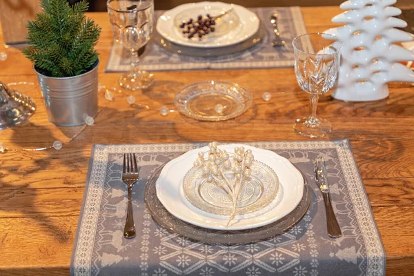 Table Setup Two Christmas Festive Dinner — Stock Photo, Image