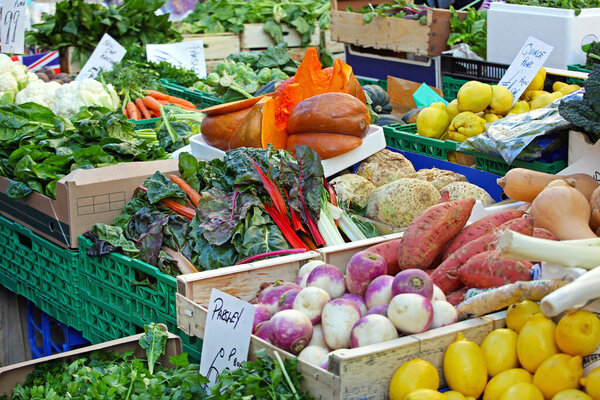 Farmers Market Stall With Organic Vegetables and Fruits