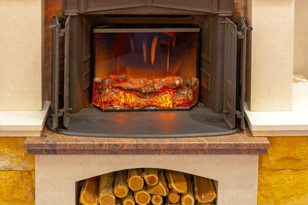 Lareira Eletrônica Com Madeira Cerâmica Logs Casa — Fotografia de Stock