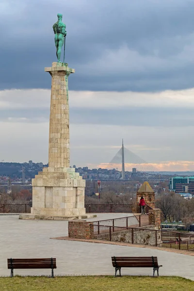 Belgrade Serbia December 2018 Bronze Victor Statue Top Column Monument — Stock Photo, Image