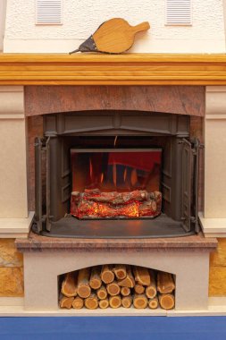 Evde Seramik Ahşap Kütükleri olan Elektronik Şömine