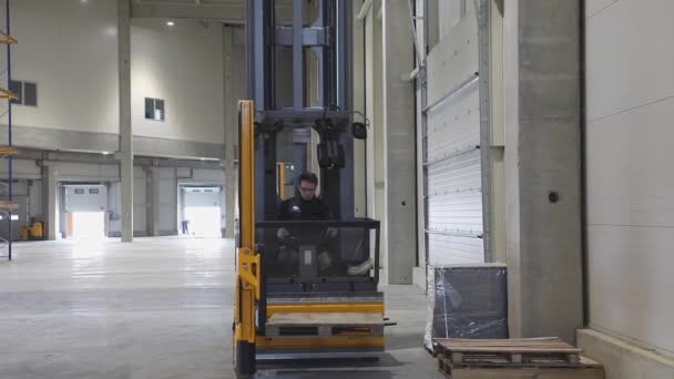 Prova Nuovo Carrello Elevatore Impilatore Con Pallet Nel Magazzino — Video Stock