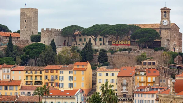 Cannes França Janeiro 2018 Big Sign Castle Fort Winter Morning — Fotografia de Stock