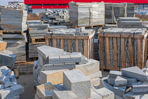 Kopfsteinpflaster Blockiert Ziegel Kisten Auf Paletten Baustellenmaterial — Stockfoto