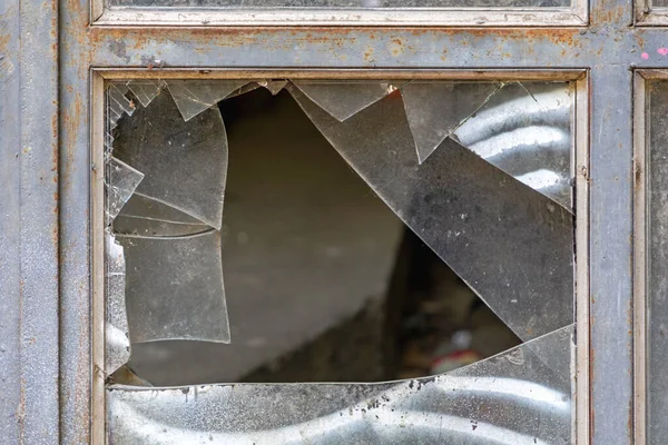 Broken Glass Metal Window Frame Damage — Stock Photo, Image