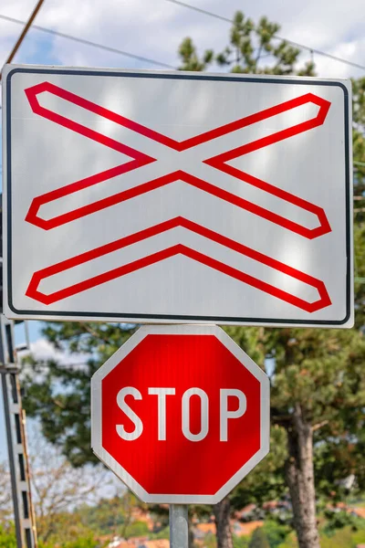 Stop Sign Railway Level Crossing Figyelmeztetés — Stock Fotó