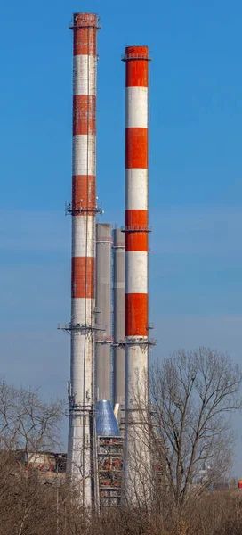 Tall Red White Chimneys Industrial Plant — Stock Photo, Image