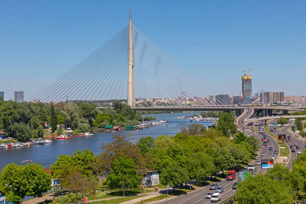 Belgrado Sérvia Maio 2021 Ada Cable Bridge River Sava Sunny — Fotografia de Stock