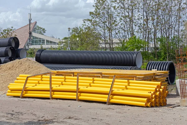 Novas Tubulações Água Esgoto Canteiro Obras — Fotografia de Stock