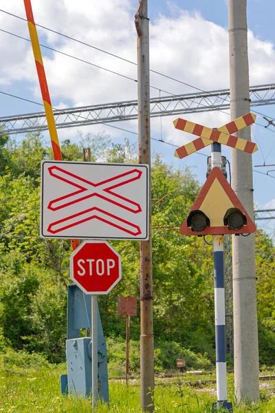 Stopbord Spoorwegniveau Overstekende Waarschuwing — Stockfoto