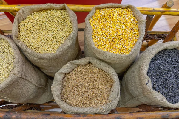 Various Grains Bulk Sacks Farm Produce — Stock Photo, Image