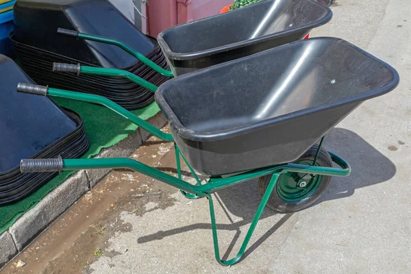 Wheelbarrow Black Plastic Bucket Gardening — Fotografia de Stock
