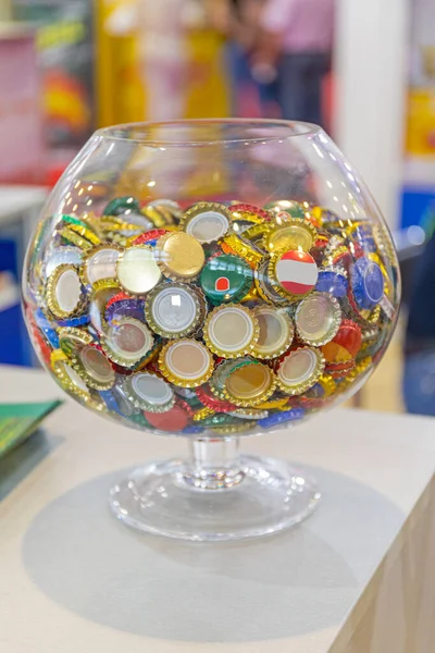 Collection Bottle Caps Big Glass Beverage Bar Decor — Zdjęcie stockowe