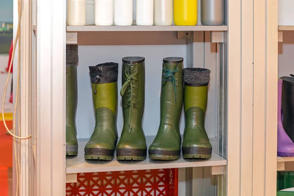 Green Rubber Rain Boots Shelf Work Gear — Stok fotoğraf