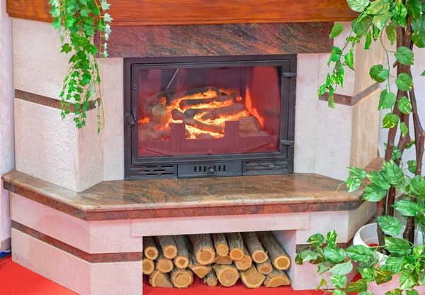 Electronic Fire Place Cerâmica Logs Decoração Mármore Pedra Frontal — Fotografia de Stock
